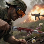 Gardener in military uniform holding bloodstained sword with goggles reflecting explosions and gardening tools scattered near