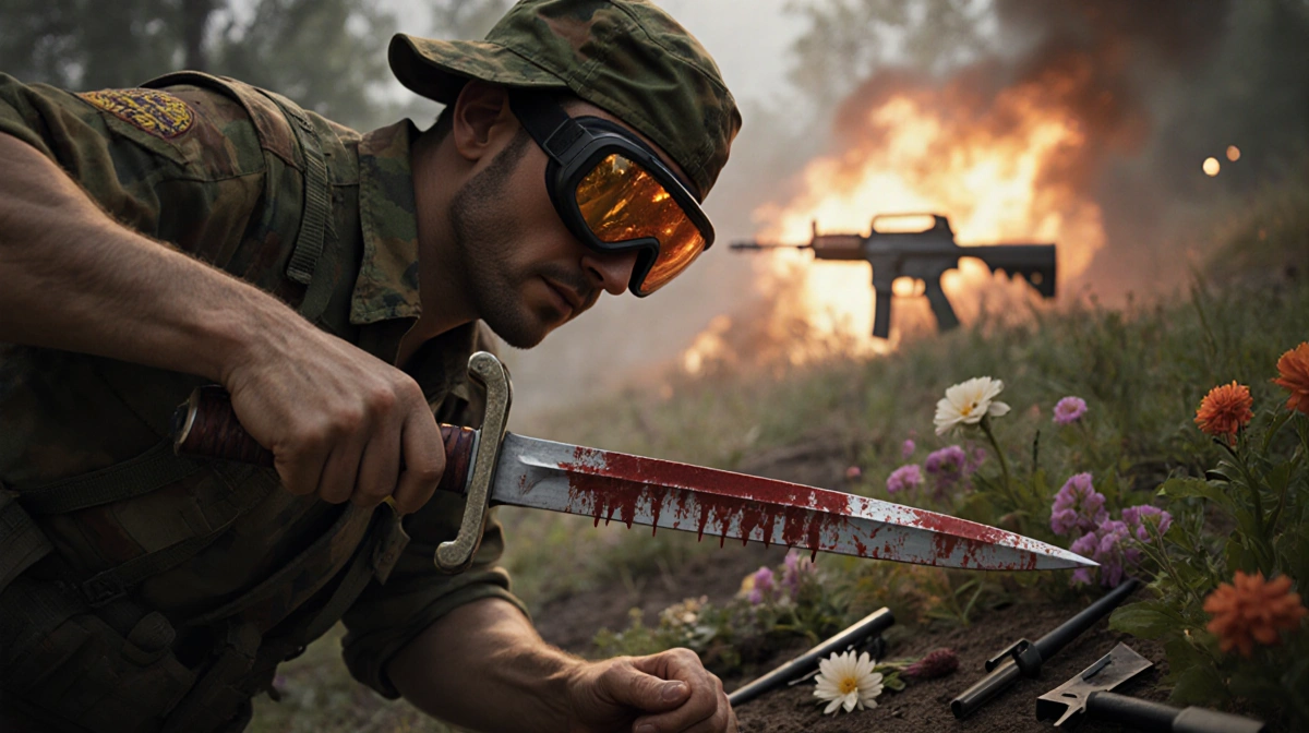 Gardener in military uniform holding bloodstained sword with goggles reflecting explosions and gardening tools scattered near
