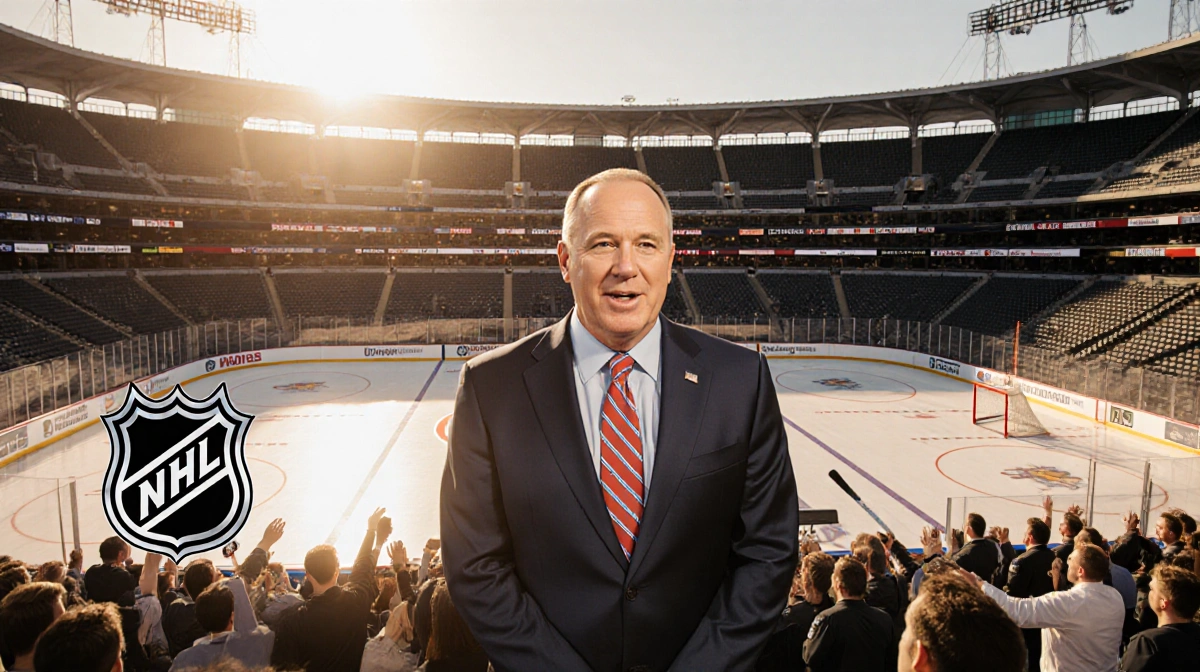 Gary Bettman addresses crowd with proud expression and NHL logo near golden-lit hockey rink in Tampa