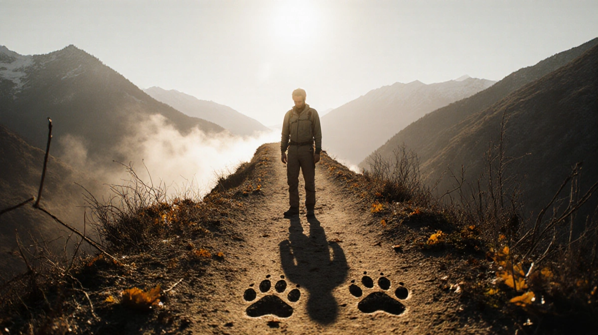 Gary Messina standing on a mountain trail looking down at his footprints with lion paw prints and warm sunlight