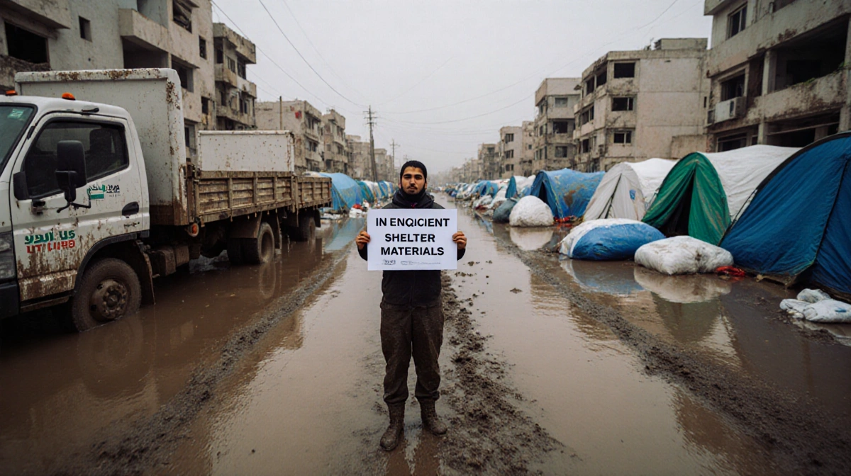 Aid worker holding sign with insufficient shelter materials amid muddy road and damaged buildings near aid trucks