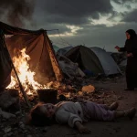 Grandmother reaching for her motionless granddaughter with flames licking a ruined tent