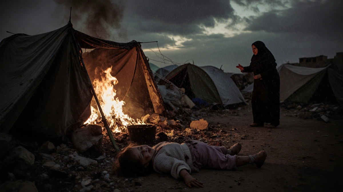 Grandmother reaching for her motionless granddaughter with flames licking a ruined tent