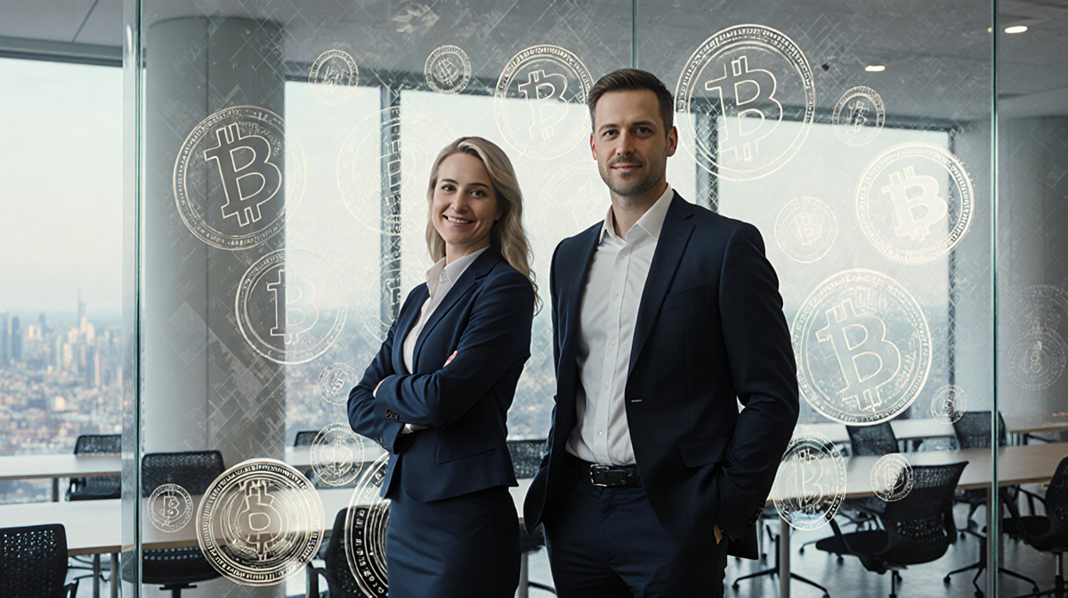 Gemini leaders standing side by side with glass blockchain motifs separating them from cryptocurrency trading floor.