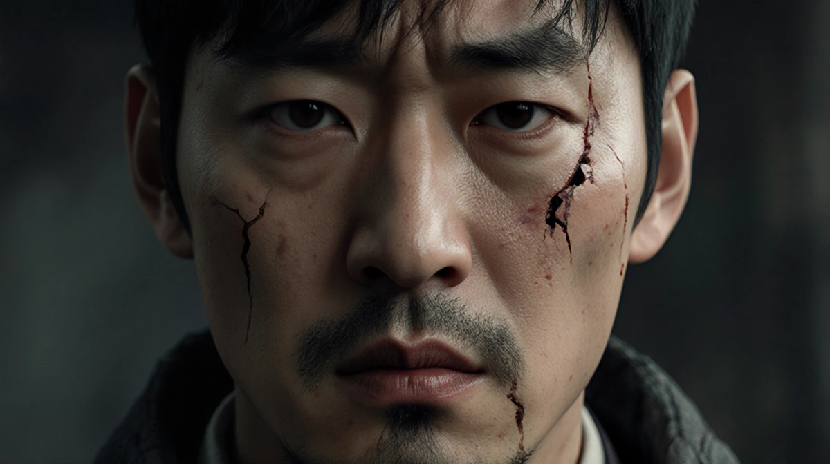 Gi-hun stares with exhausted eyes and cracked lips showing trauma from the deadly survival games