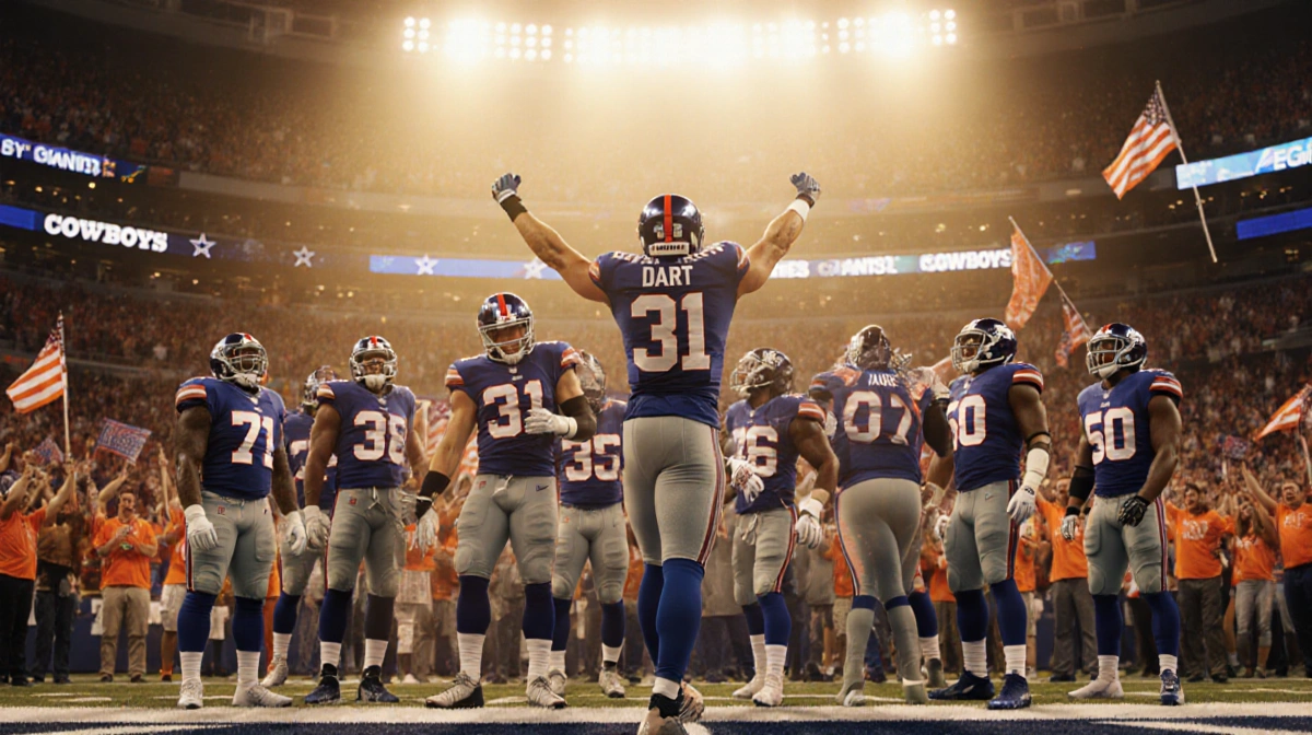 Jaxson Dart Giants star celebrates in end zone under lights while Cowboys stare from sidelines and orange fans wave.