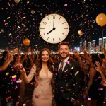 Nikki and Michael celebrate together with a glowing NYE countdown clock and falling confetti against neon-lit Phoenix skyline