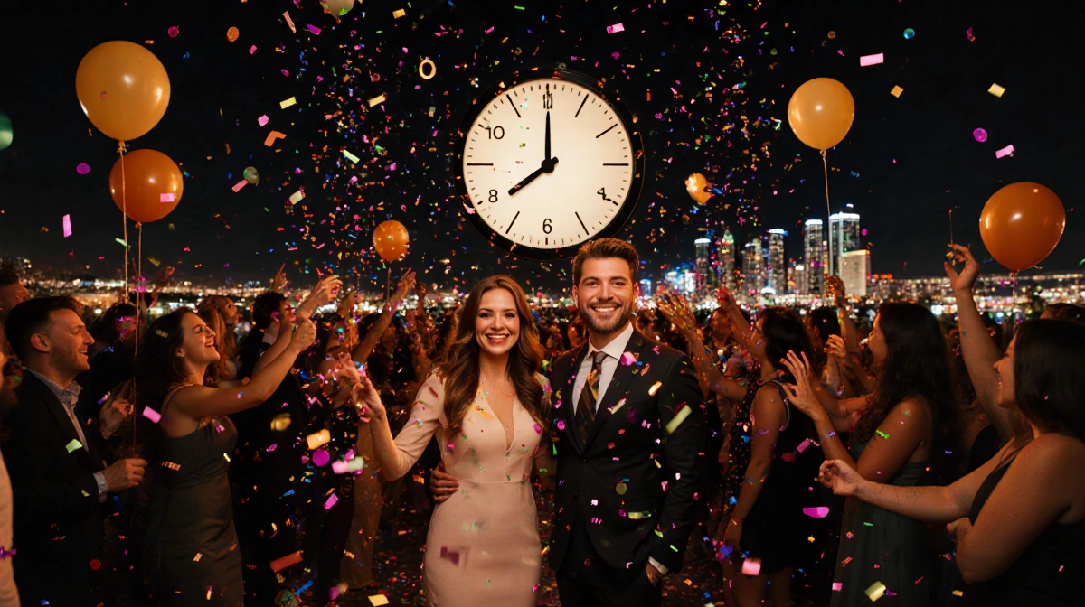 Nikki and Michael celebrate together with a glowing NYE countdown clock and falling confetti against neon-lit Phoenix skyline