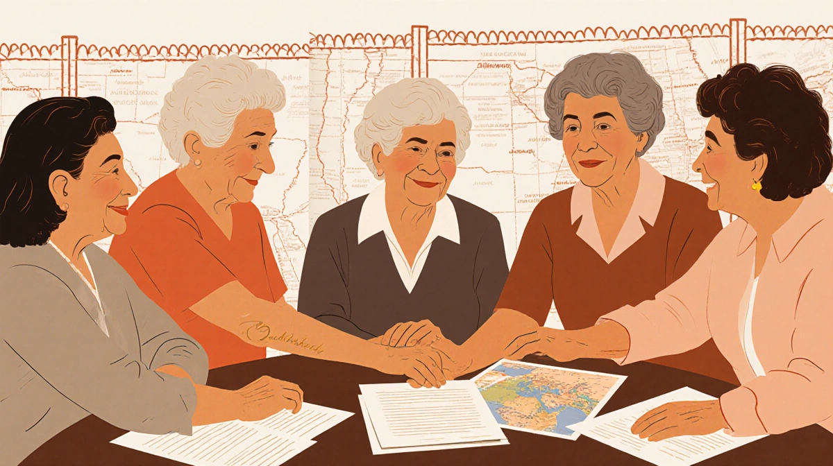 Mature women gather around table with documents and maps supporting migrants in warm earthy tones.
