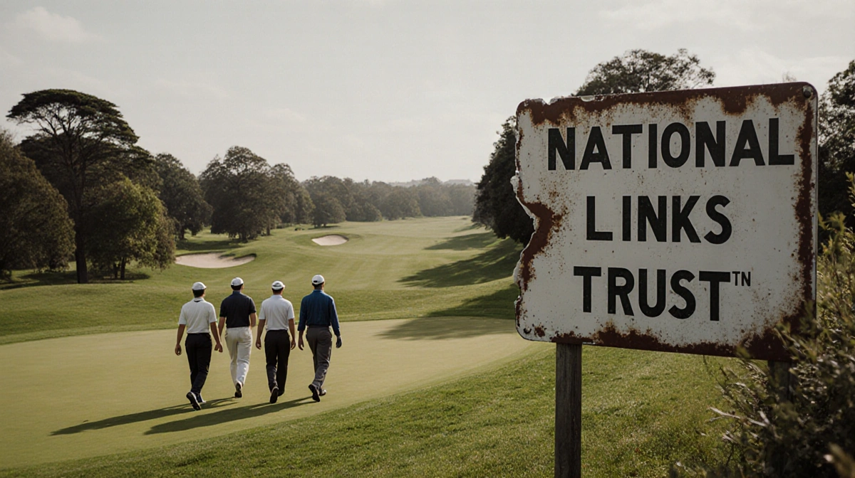 Golfers walking toward camera with lush green fairways and a faded torn sign reading National Links Trust.