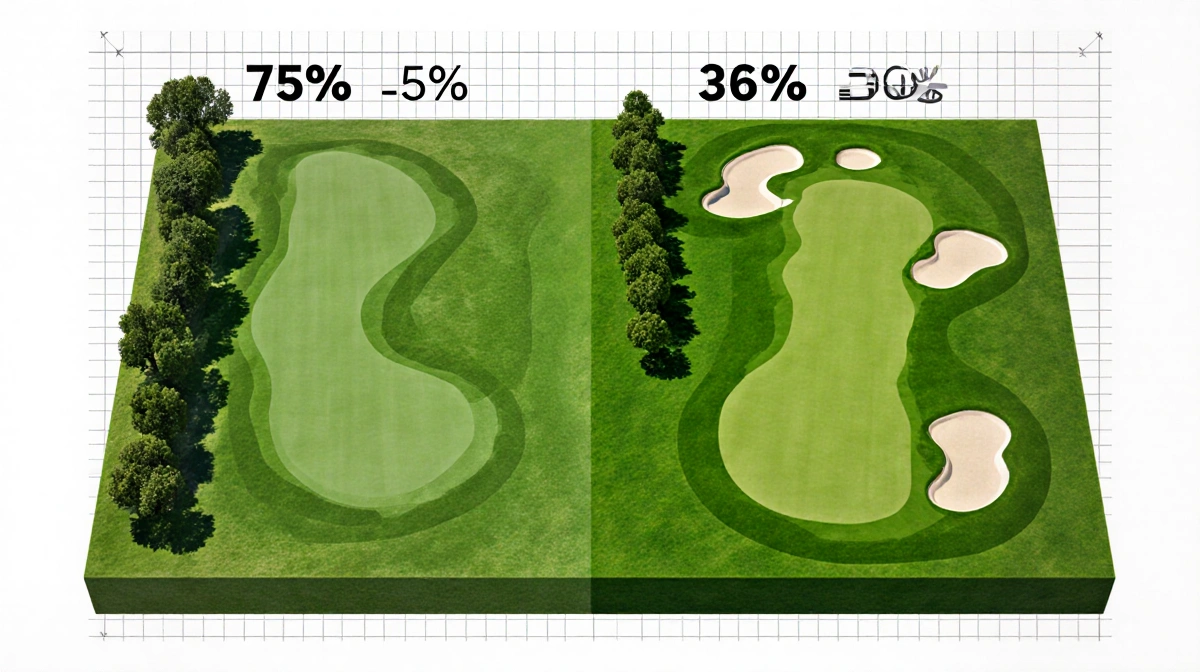 Split-screen compares 54-hole golf course with fairways indicating difficulty to 36-hole course with greens and short cut cue