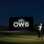 LIV Golf golfer stands alone on 18th green holding a club and looks up toward a full moon with a glowing OWGR screen.