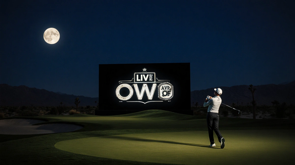 LIV Golf golfer stands alone on 18th green holding a club and looks up toward a full moon with a glowing OWGR screen.