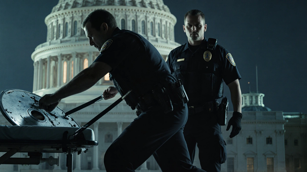 Officers Gonell dragged and twisted arm holding shattered shield while Hodges stands beside him with foot on table Capitol