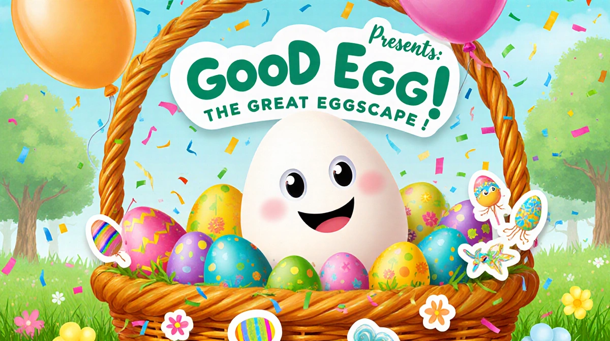 Cheerful egg peeks from colorful basket with balloons and confetti against a grassy meadow