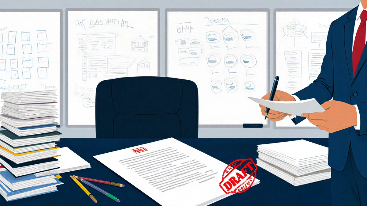 Chair Bryan Steil drafting bill with red draft stamp on paper beside a stack of files and a grid pattern in office.