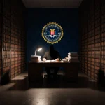 Government attorney reviewing documents at cluttered desk with dusty leather files and dim lamp shadows.