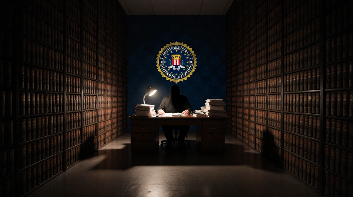 Government attorney reviewing documents at cluttered desk with dusty leather files and dim lamp shadows.