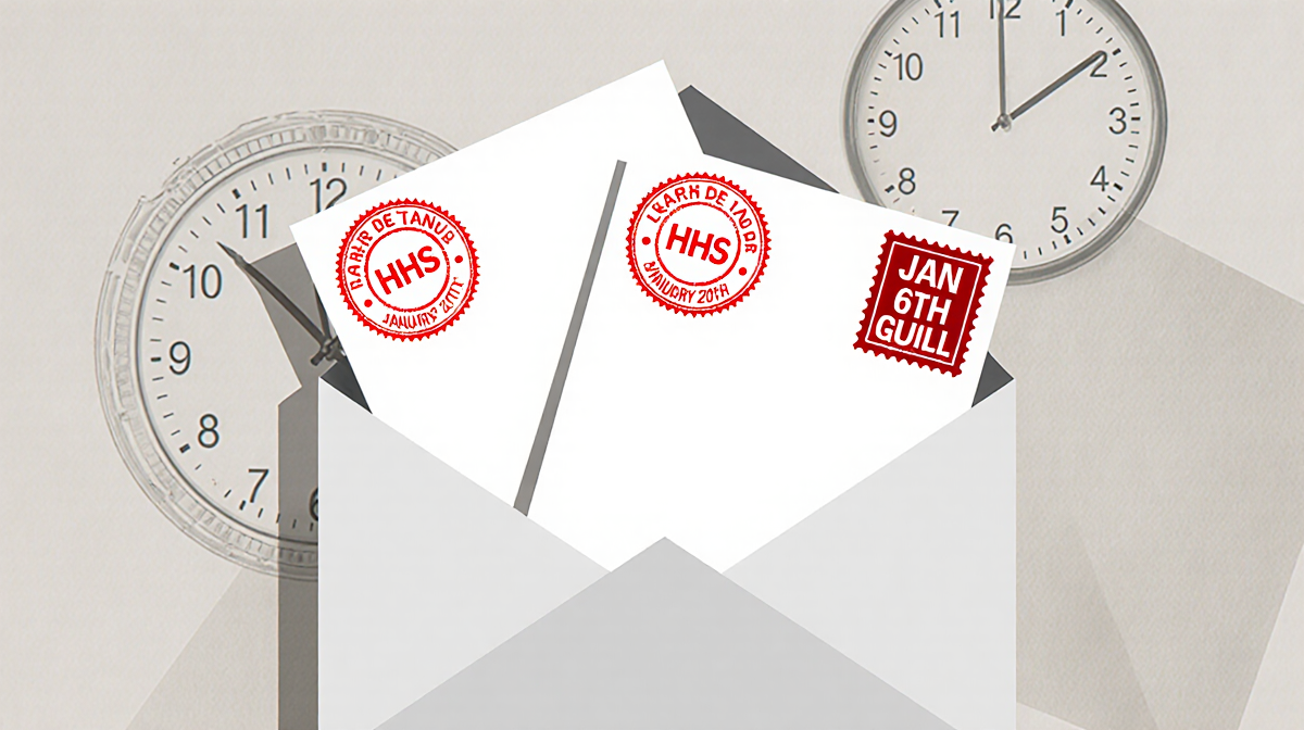 Two stamped letters sit in HHS envelopes with dates January 5 and January 6 beside clock hands showing deadline January 20.