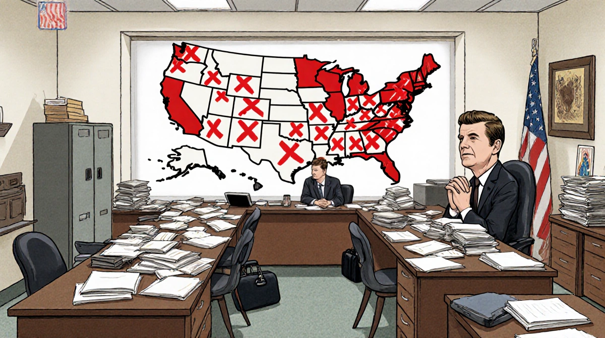 Cluttered office shows a large US government map with red Xs marking shutdowns and a subtle RFK Jr. face in the background