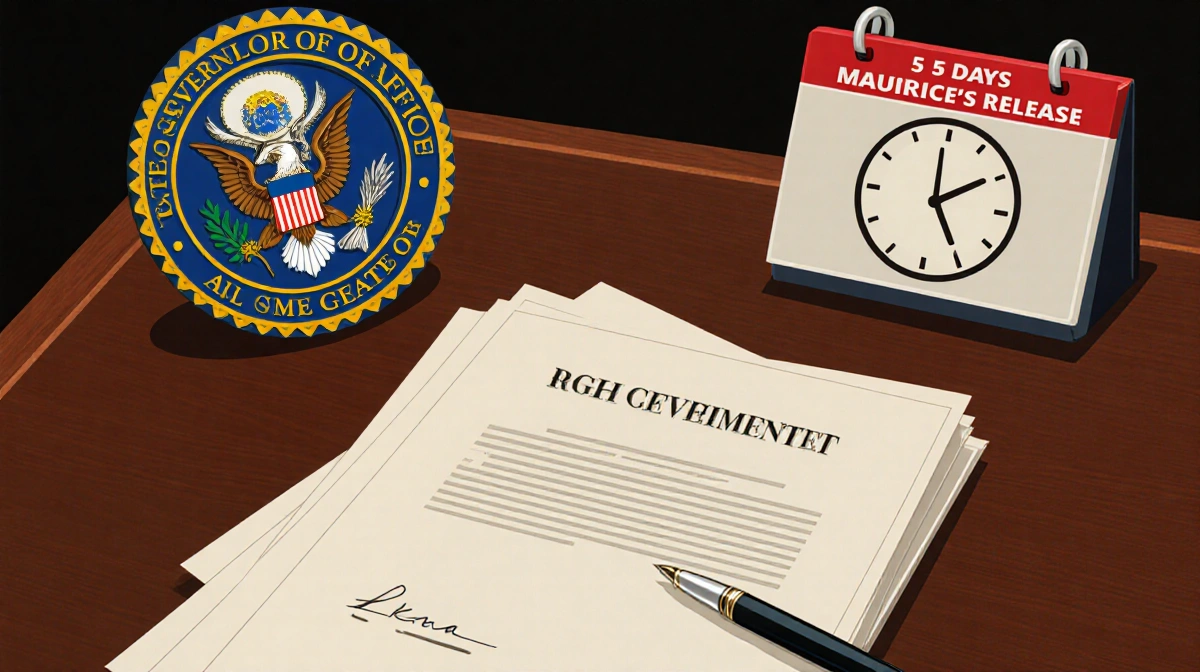 Pen poised to sign with papers and official seal on desk in background showing five days passing