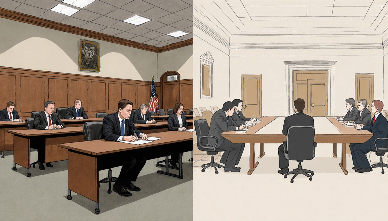 Grand juries convene in split-screen with overlapping courtroom doors judges and jurors in muted tones