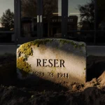 Grave site showing freshly dug earth with headstone bearing Reser name and reflective funeral home windows under warm light.