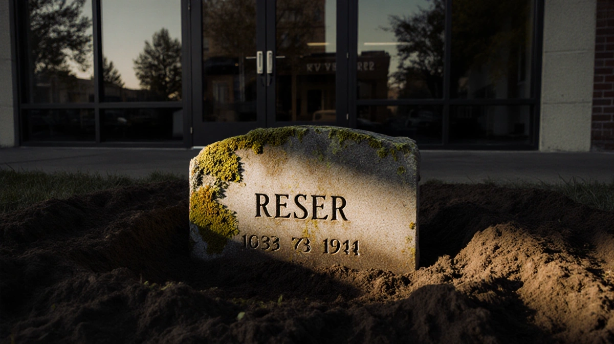 Grave site showing freshly dug earth with headstone bearing Reser name and reflective funeral home windows under warm light.