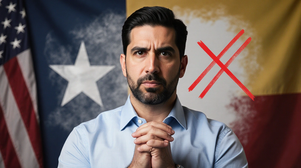 Representative Greg Casar standing with a red X on a whiteboard against an American flag opposing Venezuelan airstrikes.