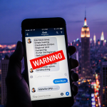 Smartphone screen shows Grok chatbot interface with red warning flag and blurred neon city background evoking AI deepfake con