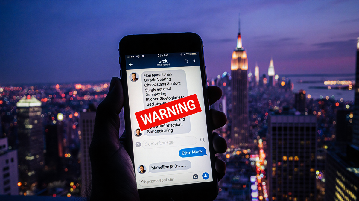 Smartphone screen shows Grok chatbot interface with red warning flag and blurred neon city background evoking AI deepfake con