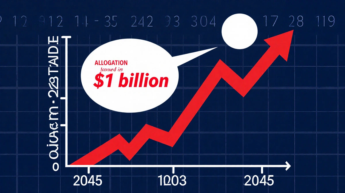 Red line chart rising with $1B cap-and-trade bubble and 2045 timeline grid showing growth and stability
