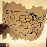 Hand holding a redistricting map with blurred boundaries and a faint voting booth silhouette in background.