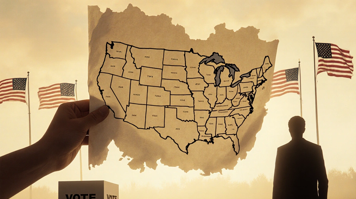 Hand holding a redistricting map with blurred boundaries and a faint voting booth silhouette in background.