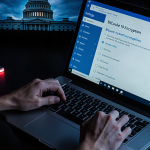 Hands holding laptop with BitLocker settings on Windows 10 screen and dim red glow from USB drive.