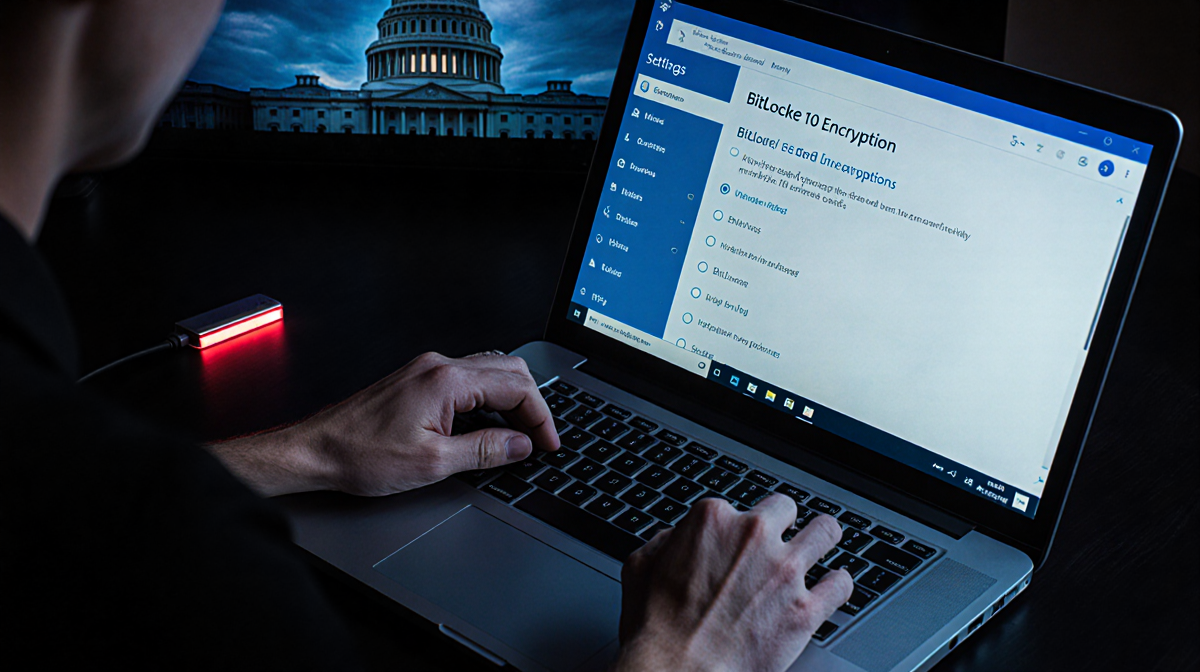 Hands holding laptop with BitLocker settings on Windows 10 screen and dim red glow from USB drive.