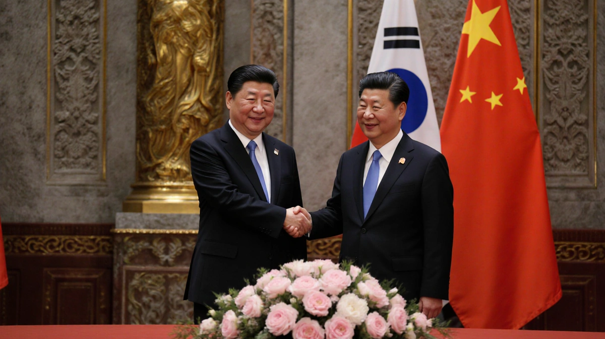 Lee Jae Myung and Xi Jinping shaking hands with peaceful peonies and cherry blossoms in front of Hall of Supreme Harmony