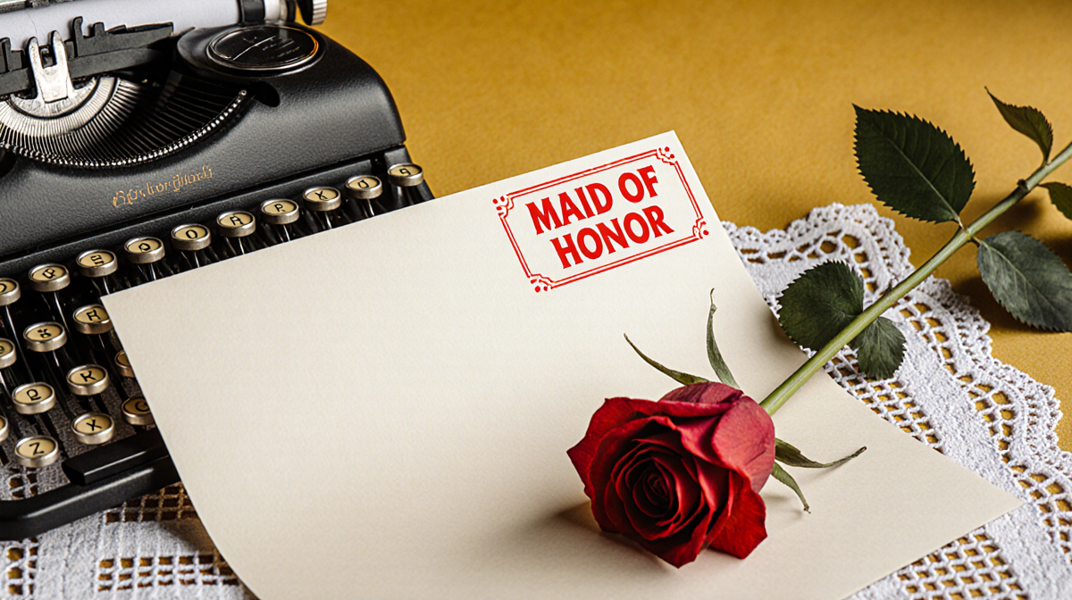 Handwritten letter on a vintage typewriter with red stamp and a single red rose near lace tablecloth