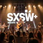 Hannah Cohen performing on stage with guitar and energetic diverse crowd dancing at SXSW music festival