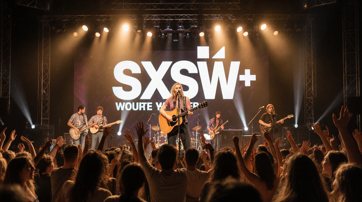 Hannah Cohen performing on stage with guitar and energetic diverse crowd dancing at SXSW music festival