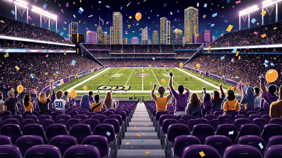 Hard Rock Stadium shows empty seats with neon Miami nightlife and floating confetti in the distance