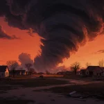Funnel cloud spiraling over Harris County with orange dusk sky and tornado‑ravaged buildings