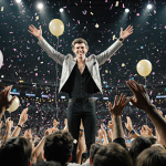 Harry Styles raises his arms on stage with glittering silver black outfit and cheering fans