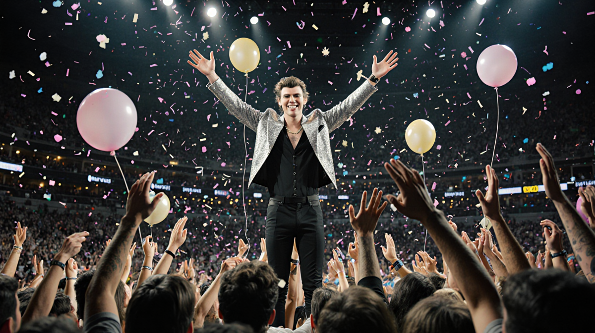 Harry Styles raises his arms on stage with glittering silver black outfit and cheering fans