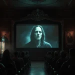 Horror fans sit in dark theater lobby with flickering screen and vintage movie posters showing classic scary films