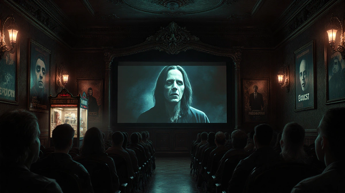 Horror fans sit in dark theater lobby with flickering screen and vintage movie posters showing classic scary films
