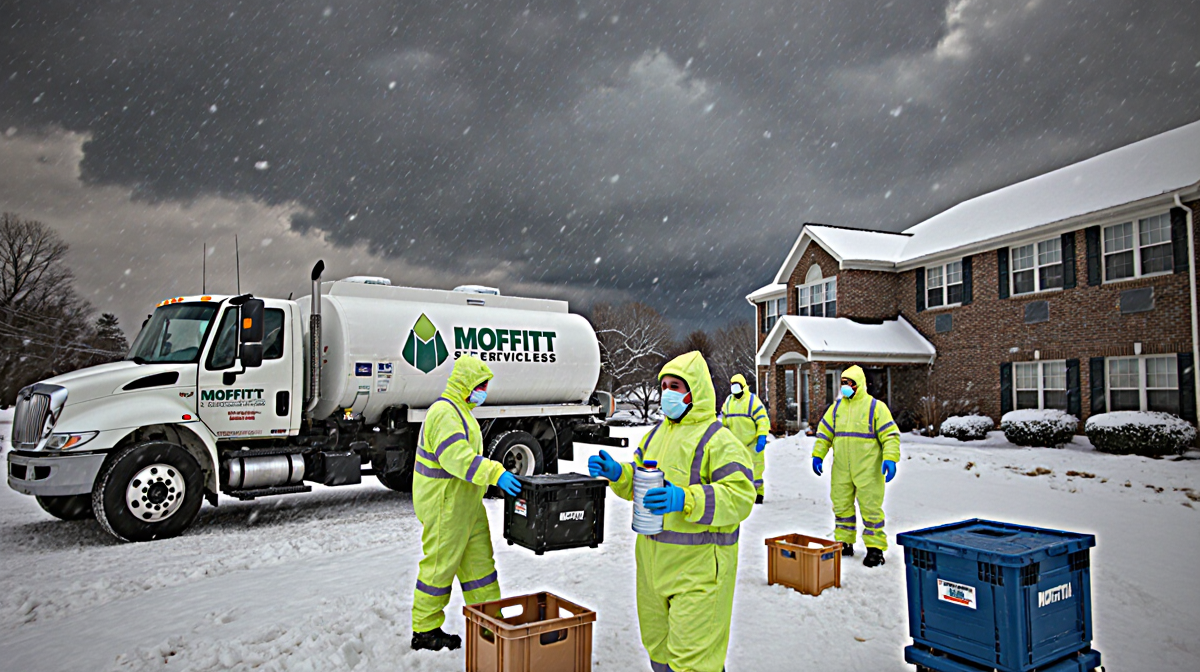 Hazmat team delivering fuel and water to a nursing home generator with snowy backdrop and dark clouds.
