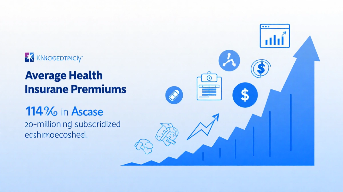 Graph rising with a 114% spike in health insurance premiums and arrow icons against a blue gradient.