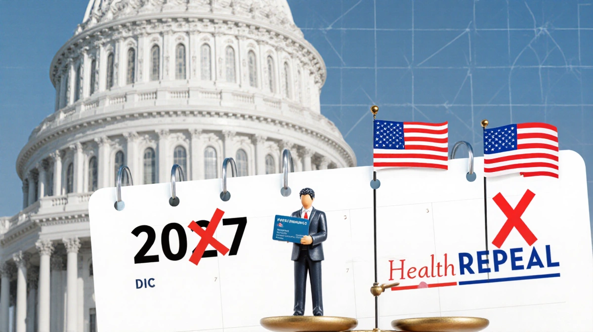 Figurine balances insurance card on scale with calendar flipping to December 2027 and red X through 2025 bipartisan flags