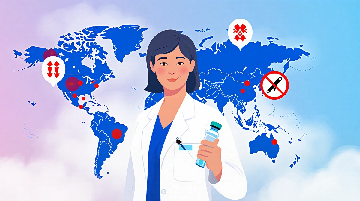 Middle-aged female doctor holding flu vaccine vial and thermometer with city map showing red risk dots against winter clouds